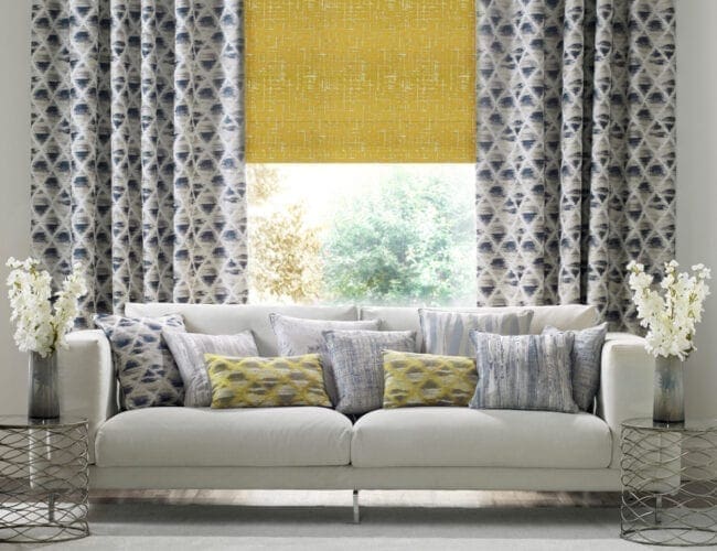 Decorative living room blinds and curtains in modern interior