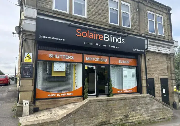 Front view of the Solaire Blinds showroom near Roundhay, displaying shutters, motorised blinds and made-to-measure window solutions.