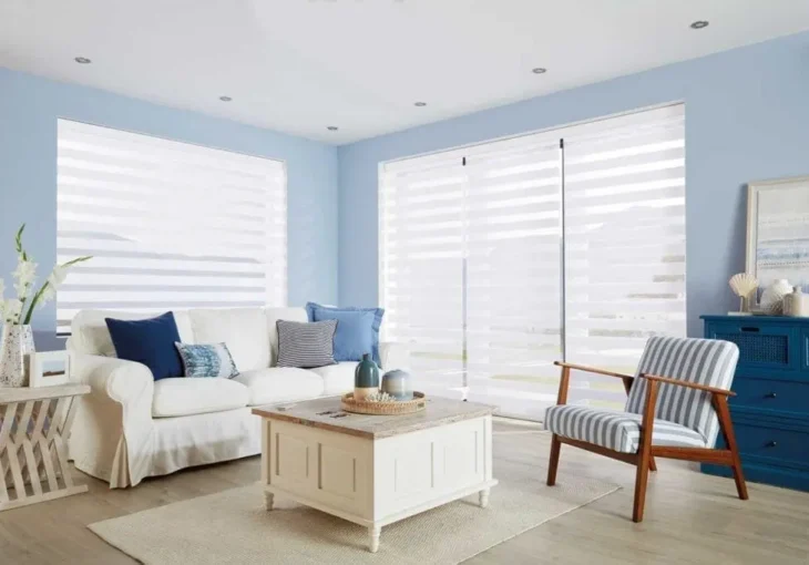 modern living room in Ossett with white day and night blinds and coastal-style decor