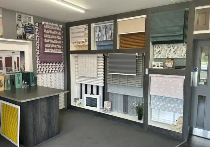 Solaire Blinds showroom near Roundhay displaying a wide range of custom blinds and shutters.