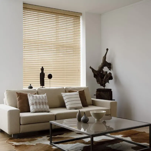 Venetian blinds in modern living room providing privacy and natural light control